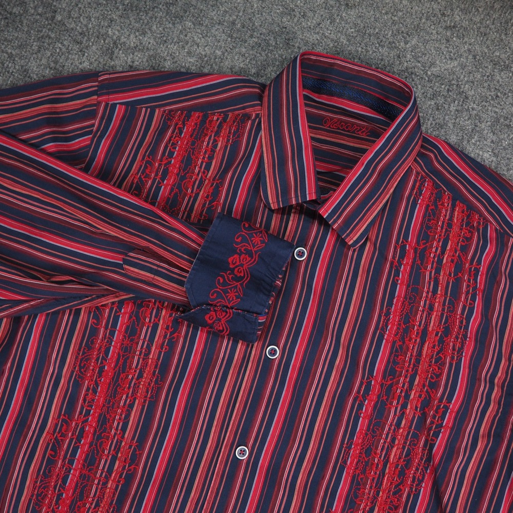 Visconti Shirt Mens Large Button Down Red Striped Embroidered Western Rockabilly